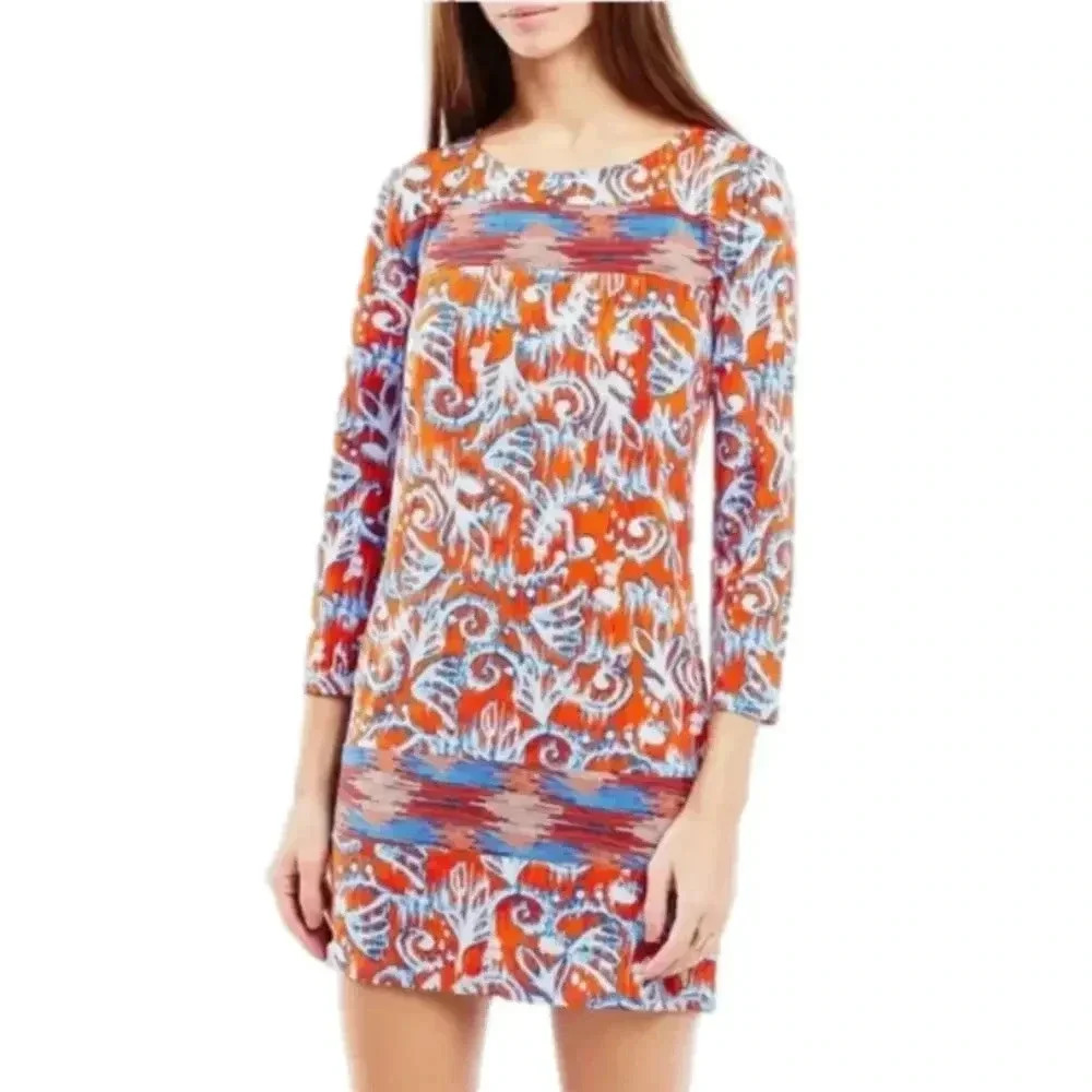BCBGMAXAZRIA small dress colorful bohemian pattern long sleeved scoop neck dress